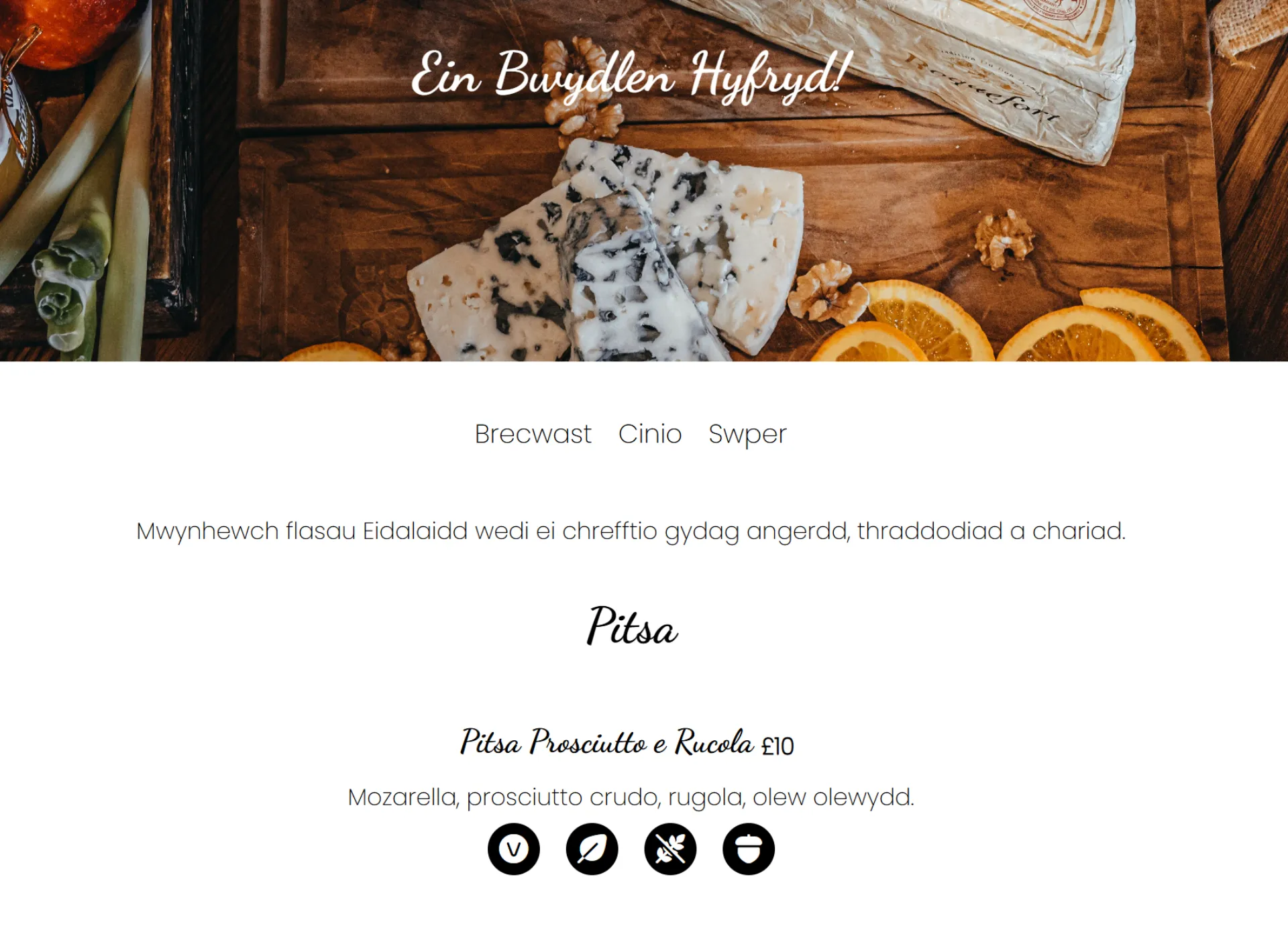 Llun o wefan gyda fwydlen.